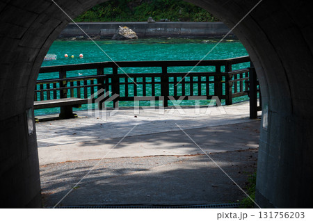 トンネルの中から見えるエメラルドグリーンの海　浄土ヶ浜 131756203