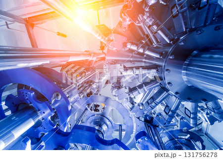 Automatic filling machine pours water into plastic PET bottles. Automatic filling machine pours water into plastic PET bottles. 131756278