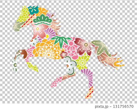 A beautiful horse silhouette with a Japanese floral pattern. Colorful illustration material for the Year of the Horse. 131756570