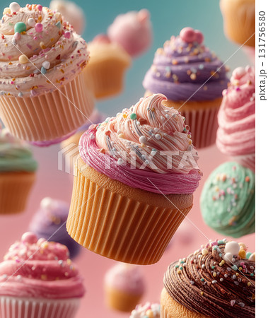ポップでかわいいカップケーキの空中ディスプレイ|カラフルなデコレーションが弾けるスイーツビジュアル ポップでかわいいカップケーキの空中ディスプレイ|カラフルなデコレーションが弾けるスイーツビジュアル 131756580