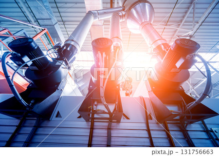 Production line of the wooden floor factory. CNC automatic woodworking machine. Production line of the wooden floor factory. CNC automatic woodworking machine. 131756663