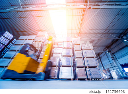 Forklift loader in storage warehouse ship yard. Distribution products. Forklift loader in storage warehouse ship yard. Distribution products. 131756698