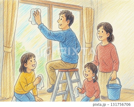 年末の大掃除　家族で窓を拭くイラスト 131756706