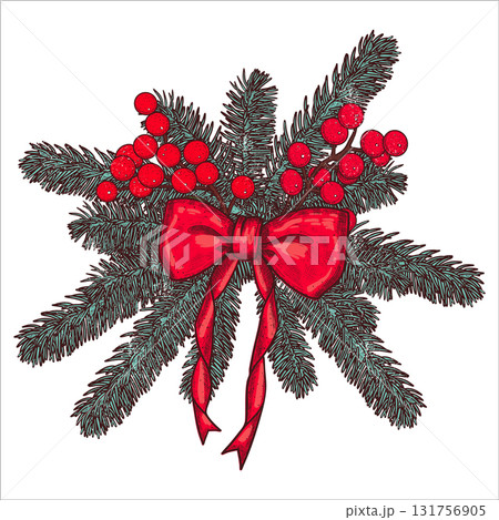 Christmas composition with fir branches, red berries, red bow. Vintage style. Vector hand draw illustration. Christmas composition with fir branches, red berries, red bow. Vintage style. Vector hand draw illustration. 131756905