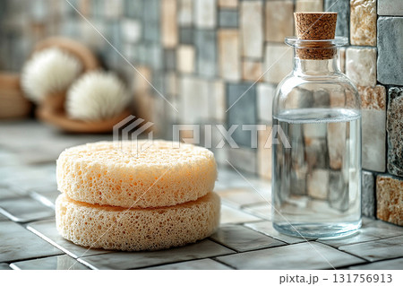 Luxury brand friendly. Natural loofah sponges with cleaning agent on light ceramic tiles background. Mockup for bathroom cleaning products. Eco friendly trends. Aesthetic space. Luxury brand friendly. Natural loofah sponges with cleaning agent on light ceramic tiles background. Mockup for bathroom cleaning products. Eco friendly trends. Aesthetic space. 131756913