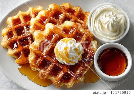 Moody lighting. Waffles with maple syrup and whipped cream in plate on a white background. Cafe menu. 131756916