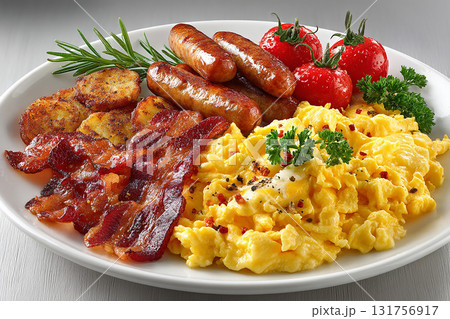 Classic stylish. American buffet breakfast. Scrambled eggs, bacon, sausage and hash browns in plate on a white background. Traditional dish. 131756917