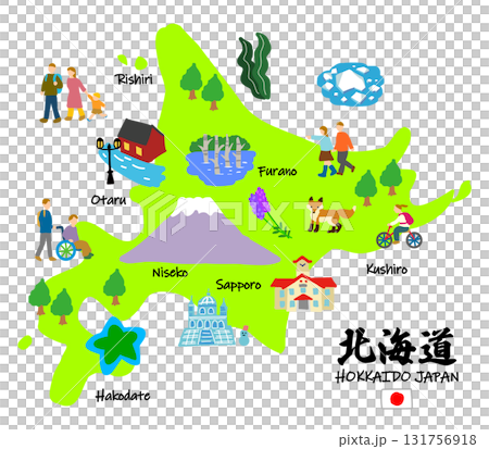 北海道旅行、手描きの観光スポットと観光客フラットイラスト 131756918