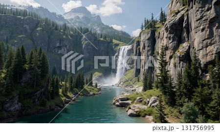 A large waterfall in the middle of a mountain valley 131756995