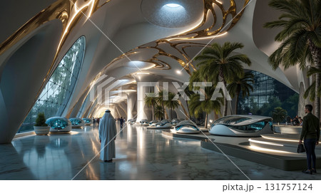A man in a white robe walking through a large lobby with palm trees 131757124