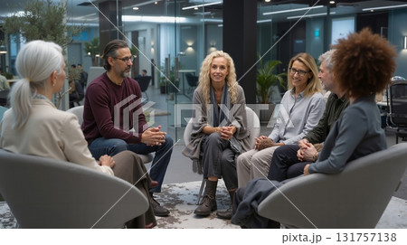 A group of people sitting in chairs talking to each other A group of people sitting in chairs talking to each other 131757138