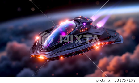 A spaceship flying through the sky with a purple light coming out of it A spaceship flying through the sky with a purple light coming out of it 131757178