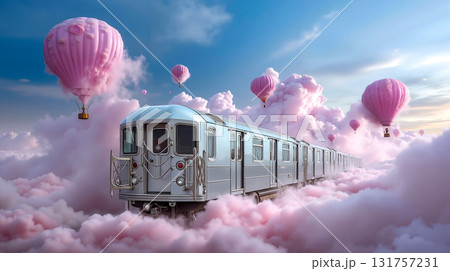 A train traveling through a cloud filled sky with hot air balloons 131757231