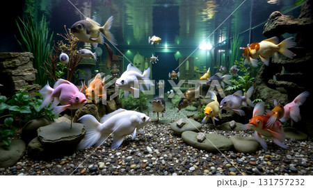 A large group of goldfish swimming in an aquarium 131757232