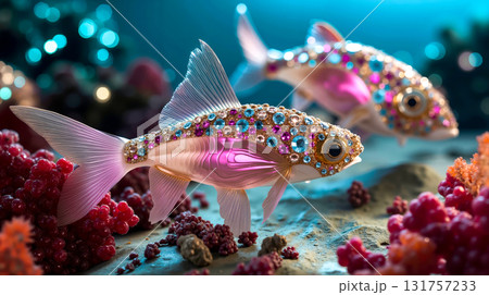 A couple of fish that are sitting on some rocks 131757233
