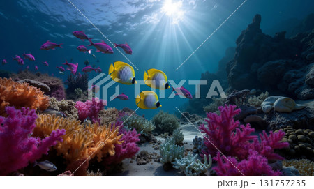 A group of colorful fish swimming over a coral reef 131757235
