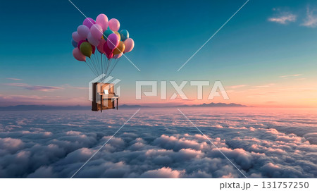 A piano floating in the sky with balloons attached to it 131757250