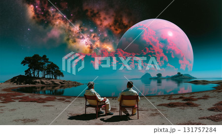Two people sitting on chairs looking at a planet Two people sitting on chairs looking at a planet 131757284