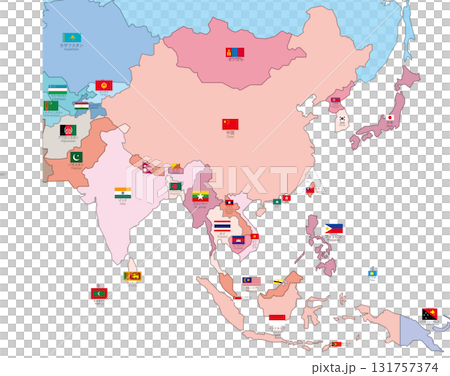 Asia map, country-specific color coding, flag and country name layer split Asia map, country-specific color coding, flag and country name layer split 131757374