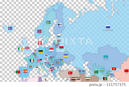 Europe map - Country color coding, flag and country name layers Europe map - Country color coding, flag and country name layers 131757375