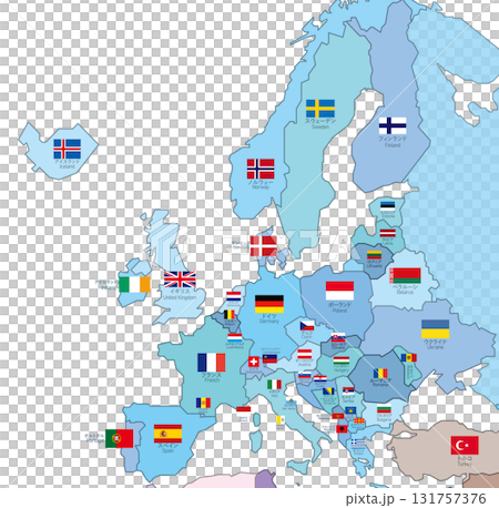 Europe map - Country color coding, flag and country name layers Europe map - Country color coding, flag and country name layers 131757376