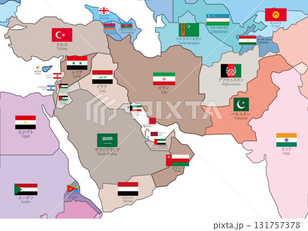 中東地図 国別色分け国旗国名レイヤー分割 中東地図 国別色分け国旗国名レイヤー分割 131757378