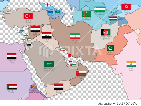 Middle East map - Country color coding, flag and country name layers Middle East map - Country color coding, flag and country name layers 131757378