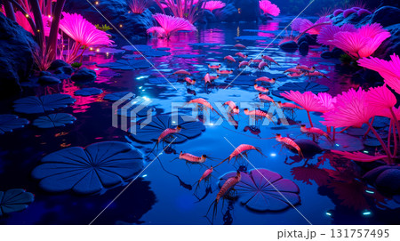 A pond filled with lots of pink flamingos and water lilies 131757495