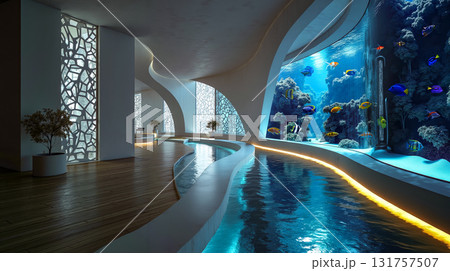 A large aquarium in the middle of a room with a long pool A large aquarium in the middle of a room with a long pool 131757507