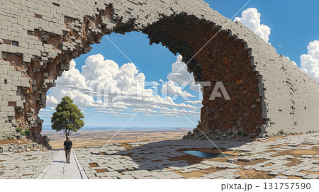 A man walking through an archway in the middle of a stone wall 131757590