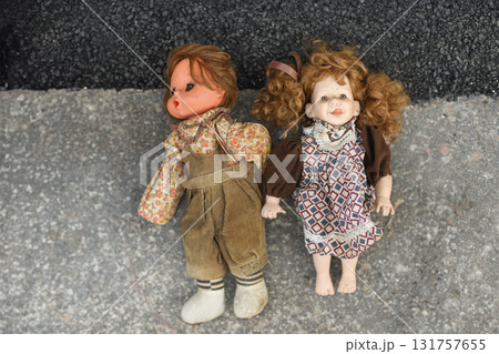 Dirty dolls in dust at the flea market 131757655