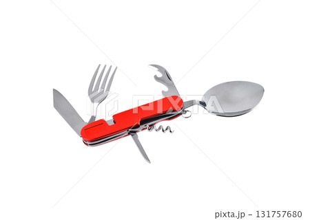 Travel multi-tool with fork, spoon and can opener, multifunctional set, utility knife with travel and tourism accessories set, tourist spoon and fork, close-up Travel multi-tool with fork, spoon and can opener, multifunctional set, utility knife with travel and tourism accessories set, tourist spoon and fork, close-up 131757680