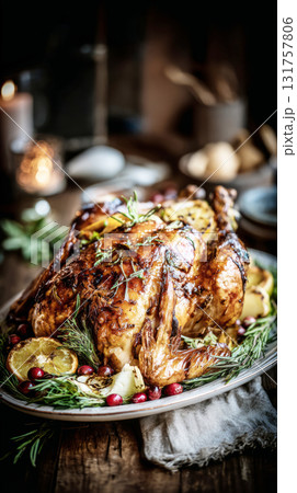 A beautifully roasted turkey is displayed on a wooden platter, surrounded by fresh herbs, citrus fruits, and cranberries, creating a warm and inviting holiday scene 131757806