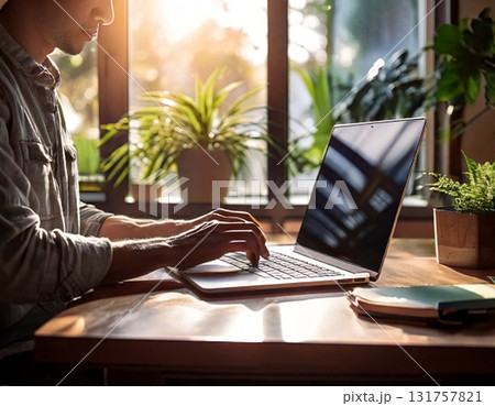 在宅ワークのホームオフィスシーン|ノートパソコンとコーヒーカップ 在宅ワークのホームオフィスシーン|ノートパソコンとコーヒーカップ 131757821