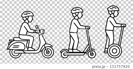 Set of people riding electric mobility vehicles (scooter, kickboard, Segway) 131757920
