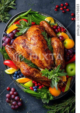 Roast turkey on a bed of fresh fruits and vegetables for a festive meal 131758083