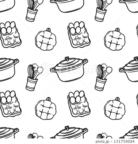 Seamless pattern with a saucepan, potholder, whisk, and ladle. Cooking utensils. Black and white graphics. 131758084