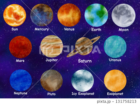 Set of Sun, Mercury, Venus, Earth. Moon, Mars, Jupiter, Saturn, Uranus, Neptune, Pluto, Icy exoplanet, Solar system. Watercolor Set of Sun, Mercury, Venus, Earth. Moon, Mars, Jupiter, Saturn, Uranus, Neptune, Pluto, Icy exoplanet, Solar system. Watercolor 131758213