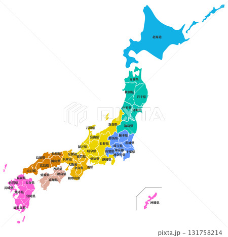 日本列島　分割できる地図　都道府県名入り 131758214