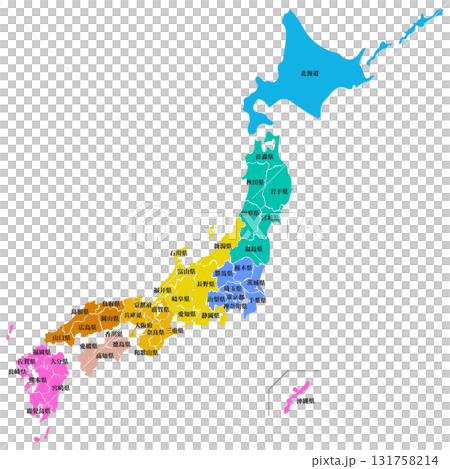 Dividable map of the Japanese archipelago with prefecture names 131758214