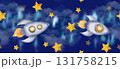 Dark blue sky, fluffy clouds, stars, spaceships. space rockets, nebula make up this space of seamless border watercolor clip art 131758215