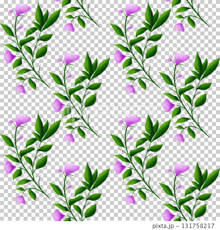 Beautiful pink flowers and green branches with leaves, seamless floral botanical pattern. Digital watercolor hand drawn. For fabric, textiles, wrappers, covers, women, girls, accessories, gifts 131758217