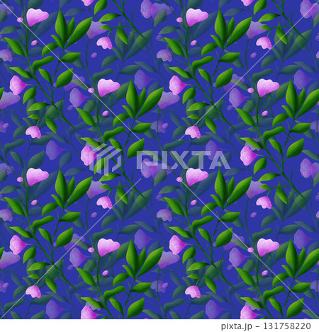 Beautiful pink flowers and green branches with leaves, seamless floral botanical pattern. Digital watercolor Beautiful pink flowers and green branches with leaves, seamless floral botanical pattern. Digital watercolor 131758220