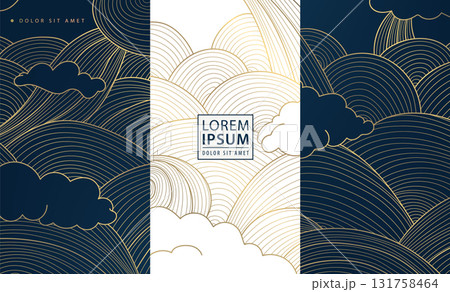 Vector elegant Asian inspired vector pattern with gold waves, clouds, geometric shapes blending traditional Japanese and Chinese line style. Perfect for modern decorative backgrounds, posters, flyers. Vector elegant Asian inspired vector pattern with gold waves, clouds, geometric shapes blending traditional Japanese and Chinese line style. Perfect for modern decorative backgrounds, posters, flyers. 131758464