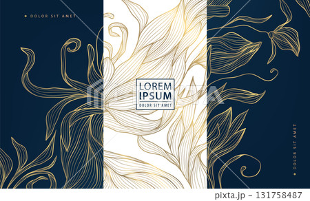Elegant floral vector background, flower gold line patterns, leaves, oriental ornaments, Chinese, Japanese art. Luxury wedding invitations, spring greeting cards, anniversary posters, vintage royal. 131758487