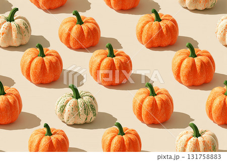 Seamless pattern. Orange small pumpkins in several rows. Minimalist style. Drawing style. Seamless pattern. Orange small pumpkins in several rows. Minimalist style. Drawing style. 131758883