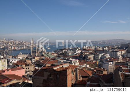 Istanbul Skyline Panorama: Bosphorus, Cityscape, Turkey - Aerial View showcasing historical architecture and waterways. 131759013