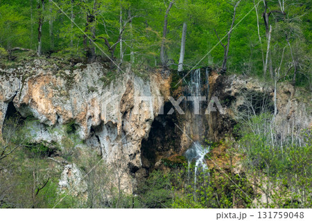Waterfall Cave Forest Scenic Landscape - A view of a waterfall cascading from a cave in a lush forest. 131759048