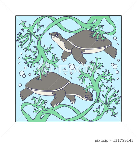 Art nouveau style turtle couple swimming in ocean amongst seaweed hand drawn vector illustration 131759143
