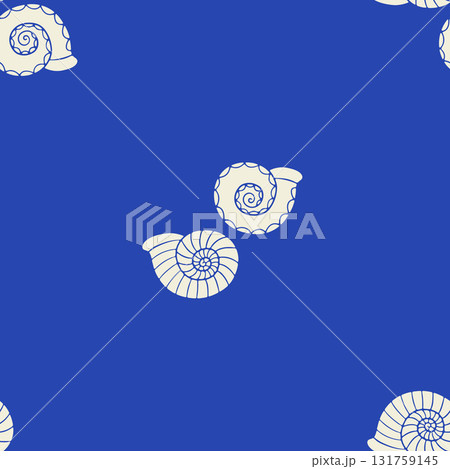 Blue and beige silhouette sea shells coastal seamless pattern. Hand drawn mollusk repeat background 131759145